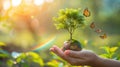 Hand Holding Green Globe with Butterflies and Rainbow, Symbolizing Planet Environment Concept with Tree Royalty Free Stock Photo
