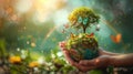 Hand Holding Green Globe with Butterflies and Rainbow, Symbolizing Planet Environment Concept with Tree Royalty Free Stock Photo