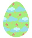 Green Easter egg with blue clouds and white clouds, pink stars and orange twinkles