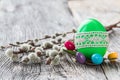 Green Easter egg decorated with lace and willow branch on wooden background. Selective focus Royalty Free Stock Photo