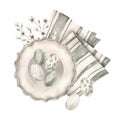 Green easter. Watercolor hand-drawn easter composition - set with vintage plate, napkin, easter eggs and flowers. Royalty Free Stock Photo