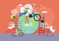 Green eco city, alternative energy sources, people taking care of planet Earth, riding bike, flat vector illustration. Royalty Free Stock Photo