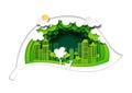 Green eco city and deer wildlife with green leaf background layers paper art style