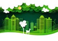 Green eco city and deer wildlife with nature landscape background layers paper art style