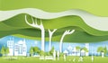 Green eco city and life paper art style, urban landscape