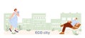 Green eco city vector concept. Young woman walking with flowers, man rest on bench. Ecology urban, new town style