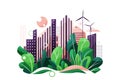 Green eco city vector illustration. Ecology background with skyscraper cityscape, park tree landscape, sun and wind Royalty Free Stock Photo