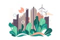 Green eco city vector illustration. Ecology background with skyscraper cityscape, park tree landscape, sun and wind Royalty Free Stock Photo