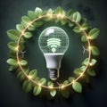 Green eco energy concept with light bulb and green leaves. 3D rendering Royalty Free Stock Photo