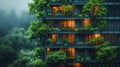 A green and eco-friendly building with vertical garden in a modern city. A green tree forest on a sustainable glass Royalty Free Stock Photo