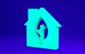 Green Eco friendly house icon isolated on blue background. Eco house with leaf. Minimalism concept. 3d illustration 3D Royalty Free Stock Photo