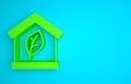 Green Eco friendly house icon isolated on blue background. Eco house with leaf. Minimalism concept. 3D render Royalty Free Stock Photo