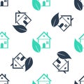 Green Eco friendly house icon isolated seamless pattern on white background. Eco house with leaf. Vector Royalty Free Stock Photo