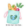 A green Eco-Friendly reusable fabric tote shopping Bag full of fresh vegetables with eart heart shaped watercolor hand drawing