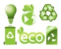 Green eco icons set, electric lamp, recycling sign, planet with leaves, trash can, eco word. Templates. Royalty Free Stock Photo