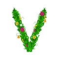 Green eco letter with leaves and flowers. Flat vector.