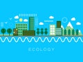 Green eco life flat art style. Ecology life, eco city vector banner illustration. Eecology concept for city, nature conservation.