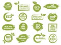 Green eco, organic and vegan product grunge label. Fresh healthy food logo. Bio natural, gmo free, vegetarian package Royalty Free Stock Photo