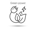 Green eco power plug line icon. Energy efficient plug and leaf sign. Renewable, eco friendly energy symbol. Vector