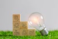 Green eco on on wooden block with light bulb save energy, Concept save energy for green eco city and environment conservation Royalty Free Stock Photo