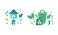 Green Ecology Flat Icon and Eco-friendly Environmental Symbol with Dustbin and House with Electric Plug Vector Set Royalty Free Stock Photo