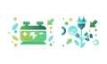 Green Ecology Flat Icon and Eco-friendly Environmental Symbol with Electric Plug and Accumulator Vector Set
