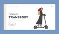 Green Ecology Wheeled Transport Landing Page Template. Woman Cyclist Riding Push Scooter. Outdoors Active Life