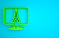 Green Eiffel tower icon isolated on blue background. France Paris landmark symbol. Minimalism concept. 3D render