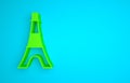 Green Eiffel tower icon isolated on blue background. France Paris landmark symbol. Minimalism concept. 3D render