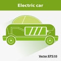 Green electric car with battery, nature. Icon car; Vector versio