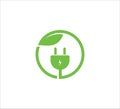 green electric plugin inside circle with leaf vector icon logo design for high efficiency electric friendly natural power source