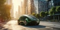 Green Electric Vehicle Blends Into Futuristic Cityscape, Promoting Sustainable Transportation