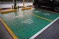 Green electric vehicle charging station sign in a parking bay. Electric vehicle parking space. Electric car charging station.