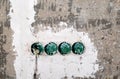 Green electrical sockets embedded in a concrete wall, close-up