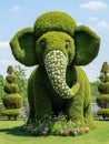 A green elephant made out of topiary plants, AI