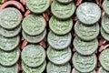 Green embossed flower ceramic pattern on roof tiles