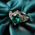 Green Emerald Fashion Engagement Diamond Ring on Green Satin Background.