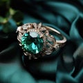 Green Emerald Fashion Engagement Diamond Ring on Green Satin Background.