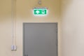 green emergency exit sign to install over the door building construction showing the way to escape