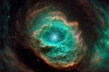 Green nebula with stars. Fantasy galaxy generative AI background