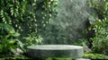 A green, empty product podium with copy space integrated with living plants and moss, mockup. Round podium. Generative AI
