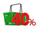 Green empty shopping basket and fourty percent on white background. Isolated 3d illustration