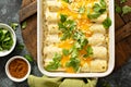 Green enchiladas casserole in a baking dish Royalty Free Stock Photo