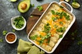 Green enchiladas casserole in a baking dish Royalty Free Stock Photo