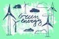 Vector illustration of wind turbine construction and wind farms.