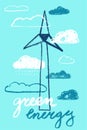 Vector illustration of wind turbine construction and wind farms.