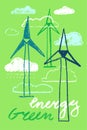 Vector illustration of wind turbine construction and wind farms.