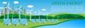 Green energy concept banner design with wind turbines and solar panels on the background of the cityscape. Royalty Free Stock Photo