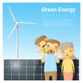 Green energy background with solar panel and wind turbine Royalty Free Stock Photo
