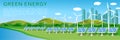 Green energy banner design with wind turbines and solar panels on landscape and cityscape background. Royalty Free Stock Photo